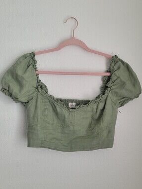 Aritzia Wilfred Linen Smocked Back Ruffle Crop Top Sage Green Sz M Cottagecore